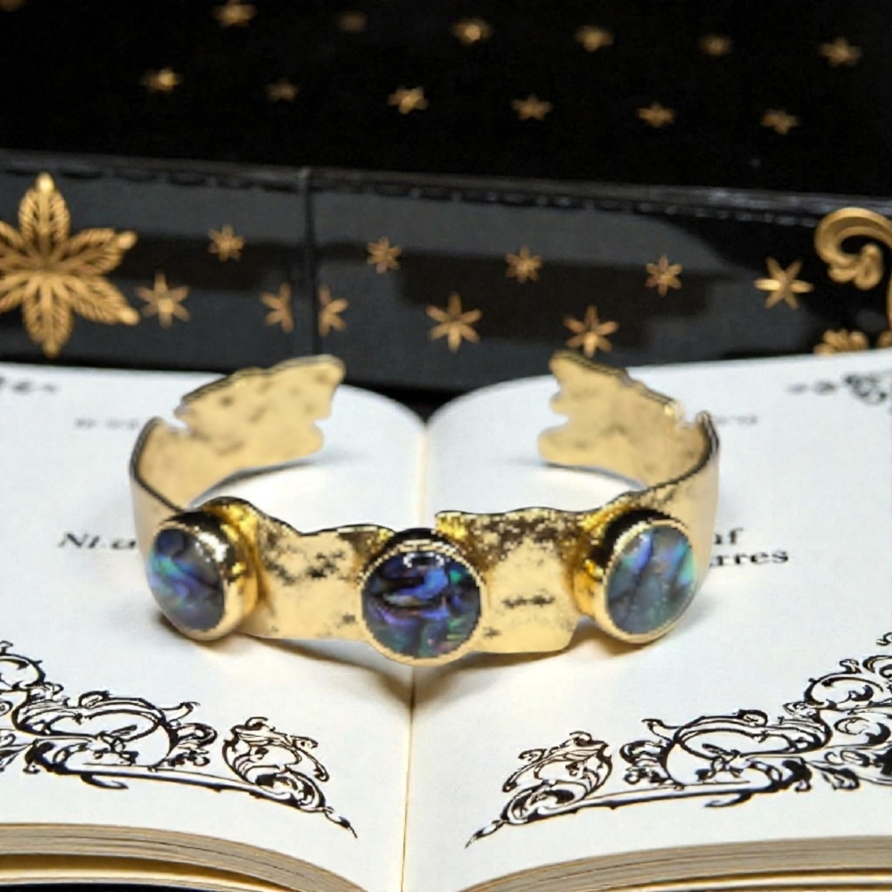 18k Gold Plated Chunky Polished Abalone Cabochon Cuff Bangle Bracelet